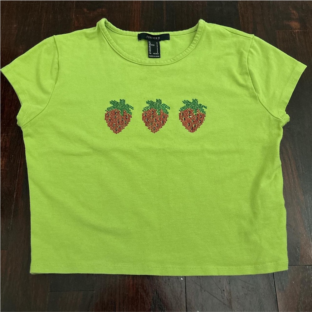 Light Green Strawberry Bedazzled Print Crop Top